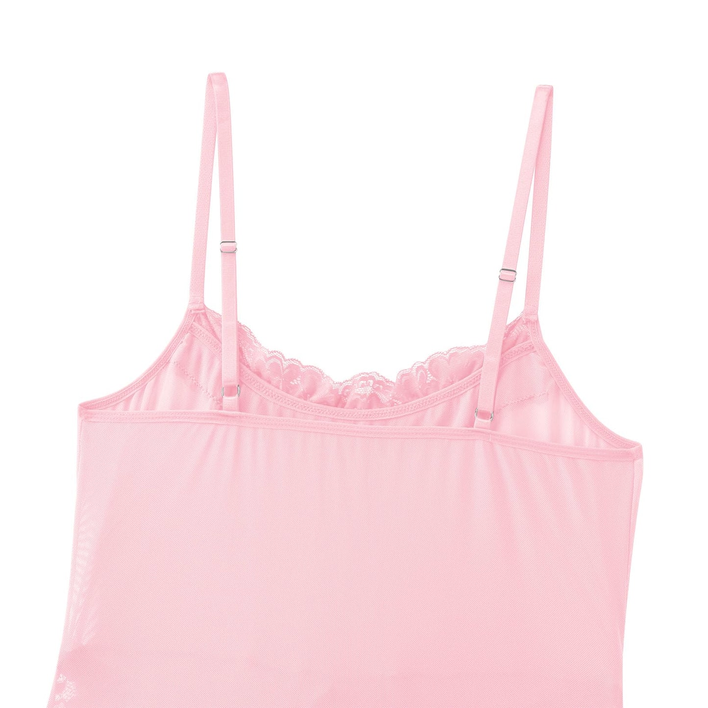 Men's Sissy Lingerie Bodysuit Sheer Lace Mesh Spaghetti Strap Cami Leotard Crossdress Underwear Pink Medium