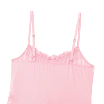 Men's Sissy Lingerie Bodysuit Sheer Lace Mesh Spaghetti Strap Cami Leotard Crossdress Underwear Pink Medium