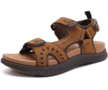 KuaiLu Mens Leather Hiking Sandals With Arch Support Orthopedic Sport Recovery Athletic Walking Sandals For Man Outdoor Summer Casual Thick Cushion Beach Water Fisherman Sandal, size 9 Khaki Brown
