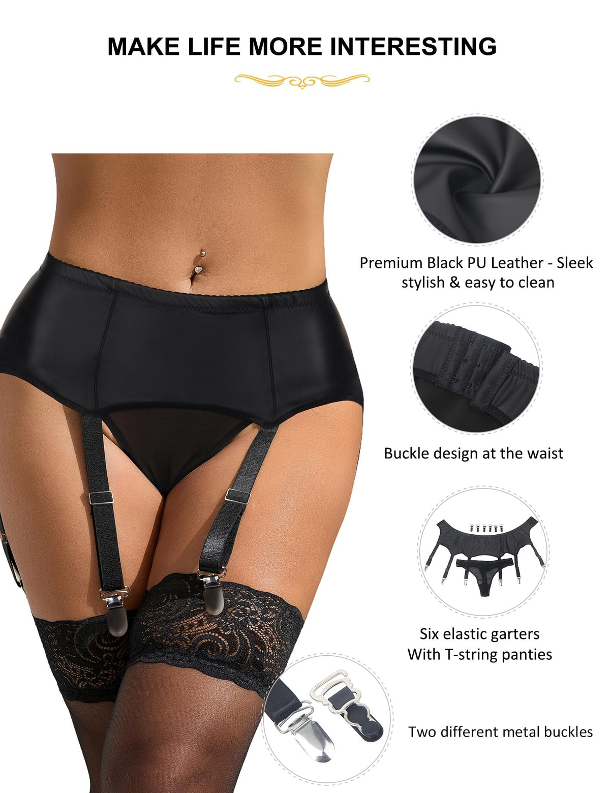 Womens Faux Leather Garter Belt with 12 Metal Clips Replaceable