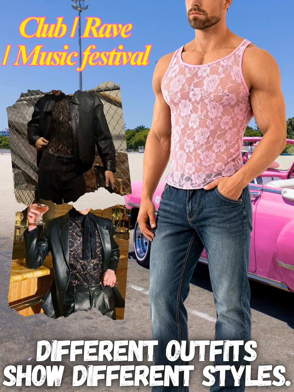 Men Sexy Lace Tank Top, Sheer Mesh Shirt Sissy Clothes Hot Pink M