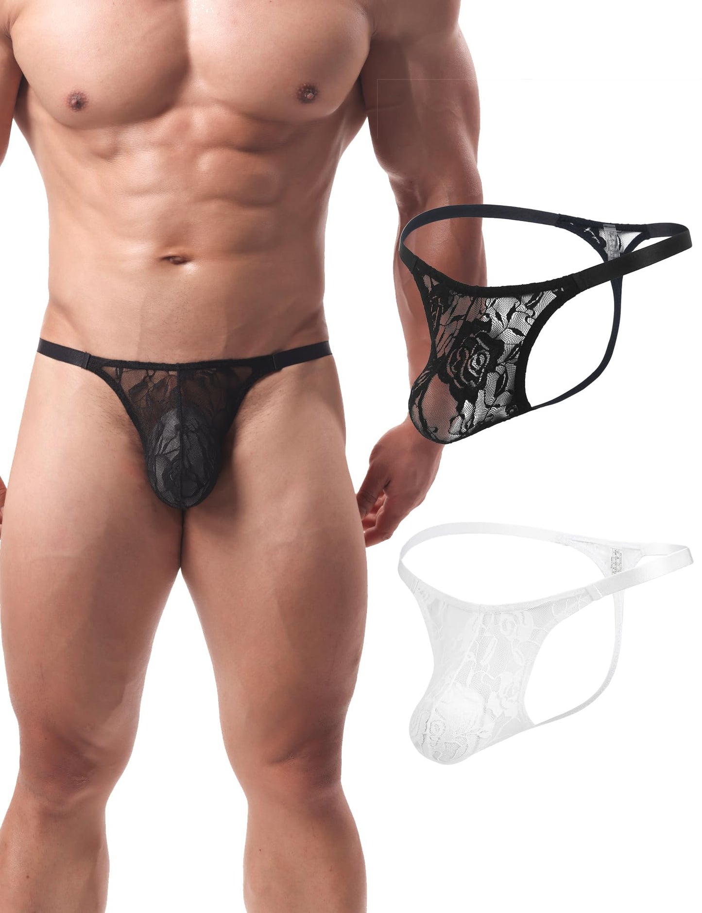 Mens Sexy Thong Underwear G-String Briefs Black Print Low Rise Sexy Hot Shorts for Mens Soft T-Back Thong 2 Piece（Black White S）
