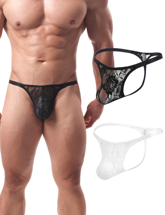 Mens Sexy Thong Underwear G-String Briefs Black Print Low Rise Sexy Hot Shorts for Mens Soft T-Back Thong 2 Piece（Black White S）