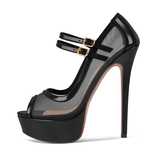 onlymakerheels Women's Platform Sandals Mesh Ankle Strap Stiletto High Heels Open Toe Peep Toe Black B Size8