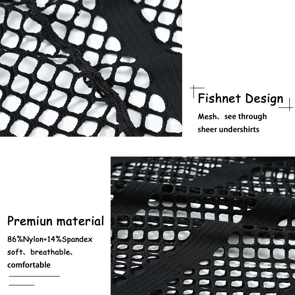 SUMABA Men's Sexy Fishnet Black Mesh Shirt Men Short Sleeve See Through Sheer Hoodies Pullover, Black M