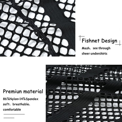 SUMABA Men's Sexy Fishnet Black Mesh Shirt Men Short Sleeve See Through Sheer Hoodies Pullover, Black M
