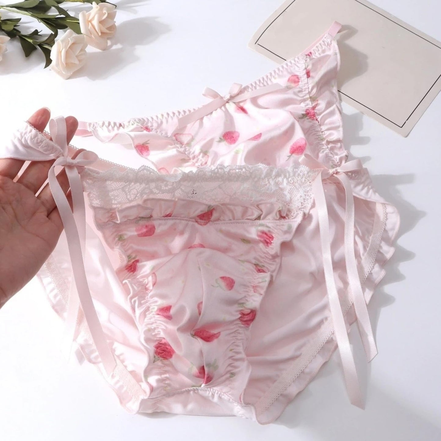 Sissy Pouch Panties Men's - Cute Pink Satin Lace Briefs Bikini Sexy Pouch G-String Thongs Underwear for Men (Tie-side,Medium)