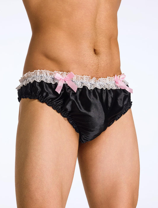 Men's Satin Frilly Lace Trim Sissy Bowknot Thong Panties Elastic Waist G-string Briefs Underwear Black Medium