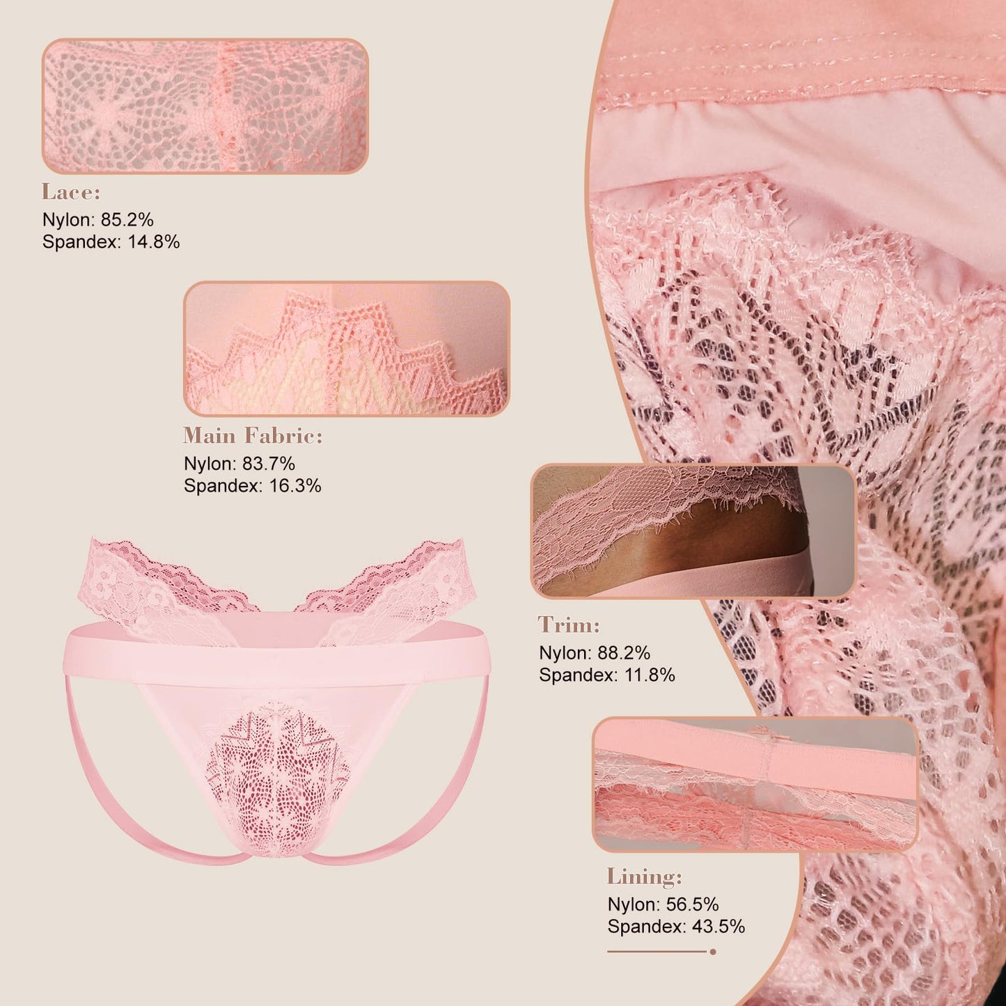 BSZN Men's Lace Jockstrap, Pink Rose Night Low Rise Sheer Lace Pouch Underwear, Mid High Cut Slim Fit Breathable Jock Strap for Men