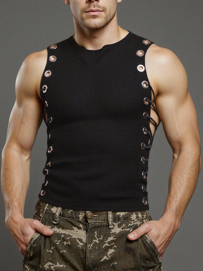 GORGLITTER Men's Grommet Cropped T Shirt Y2K Going Out Lace Up Crew Neck Sleeveless Shirts Party Club Tank Tops Black Large