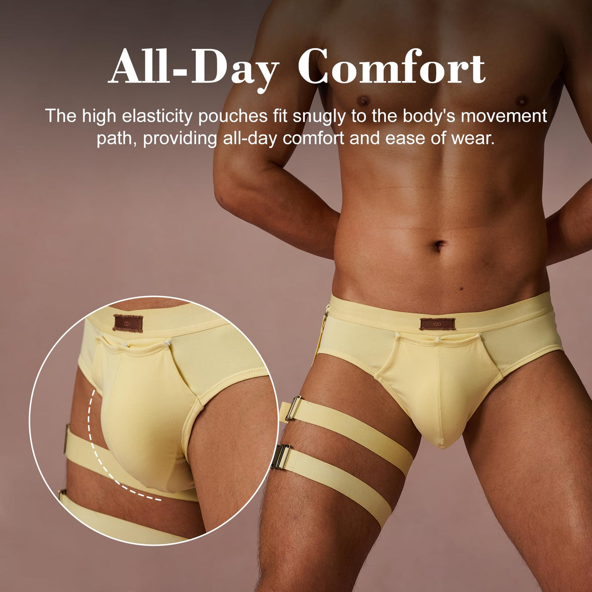 BSZN Men's Sexy Briefs, Cream Yellow Detachable Leg Strap Sexy Men Underwear, Mid High Rise Front Snap Open Pouch Vintage Metal Role Play Sexy Lingerie from L-Night Authority Badge Collection