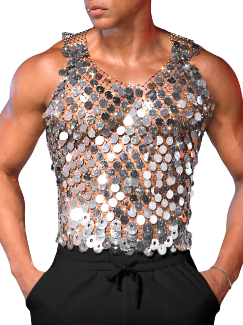 ChiaoLezhee Men's Big Sequin & Rhinestone Mesh Shirt for Rave, Sparkly Reflective Metallic Sexy Tank Top,Club Party Festival Outfits Summer Going Out Fishnet Glitter Sheer Sleeveless,Silver