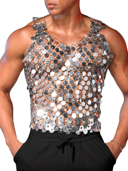 ChiaoLezhee Men's Big Sequin & Rhinestone Mesh Shirt for Rave, Sparkly Reflective Metallic Sexy Tank Top,Club Party Festival Outfits Summer Going Out Fishnet Glitter Sheer Sleeveless,Silver