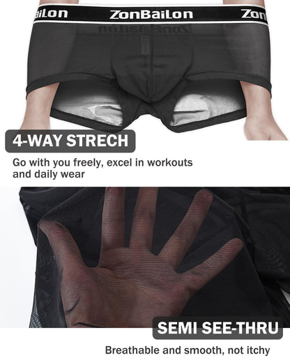 Mens Sexy Underwear Mesh Breathable Boxer Briefs See-Through Trunks Shorts Low Rise Seamless Black