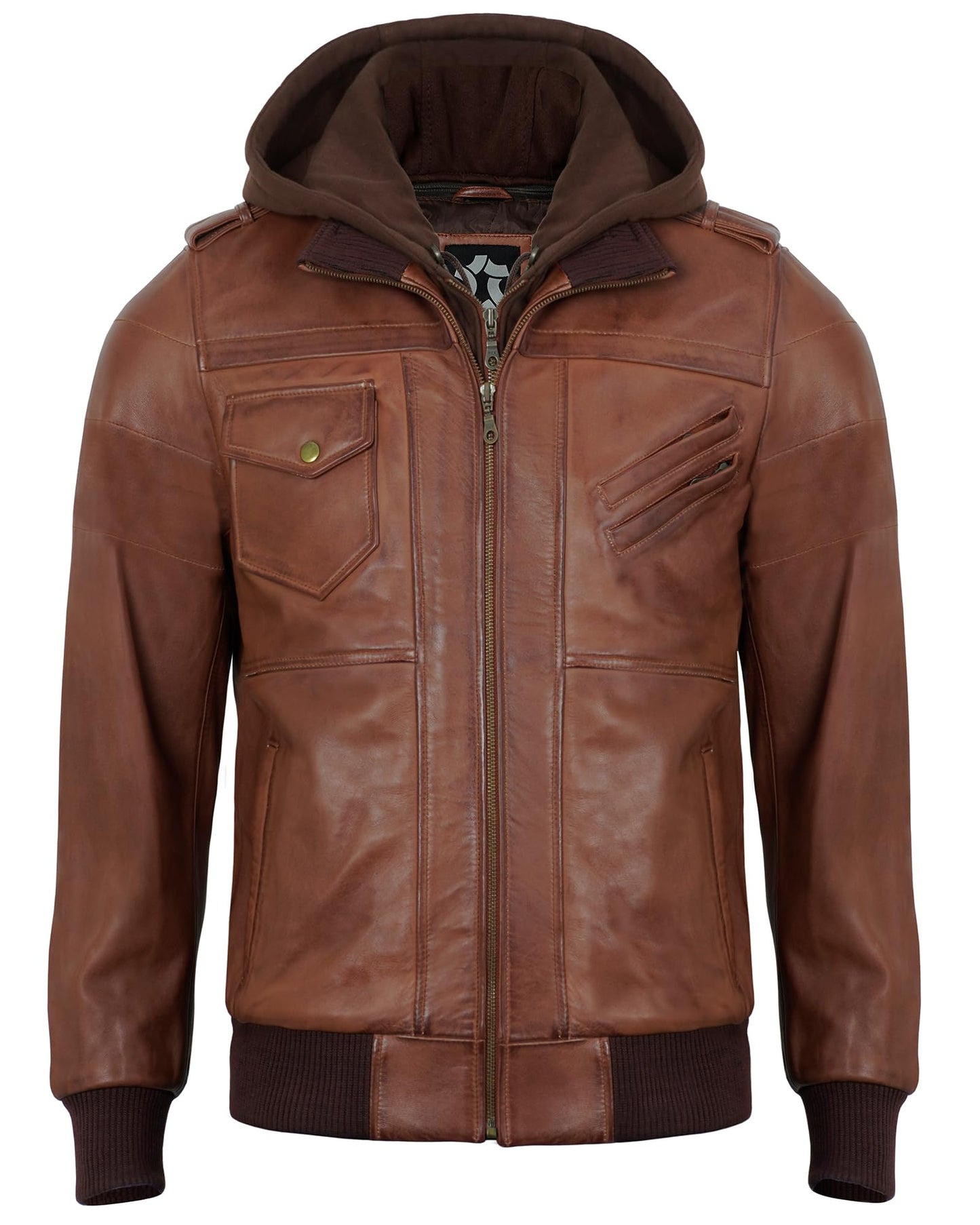 UrbanFocal Brown Leather Bomber Jacket Men - Real Lambskin Hooded Mens Leather Jackets | [101010006] Edinburgh Cognac, 2XL