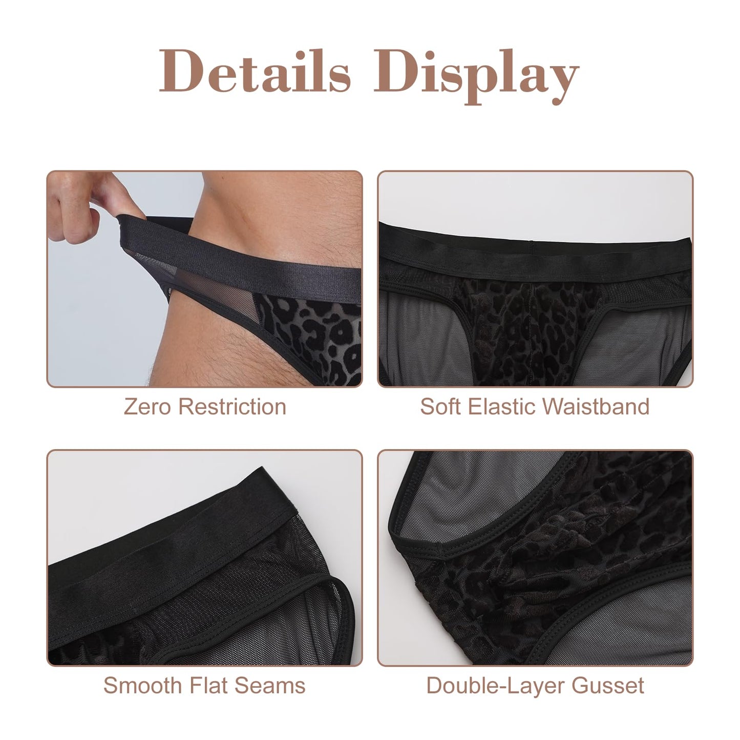 BSZN Men's Leopard Print Briefs, Black Velvet Flocked Mesh Underwear, Low Rise Slim Fit Sheer Briefs from Caged Beast Collection