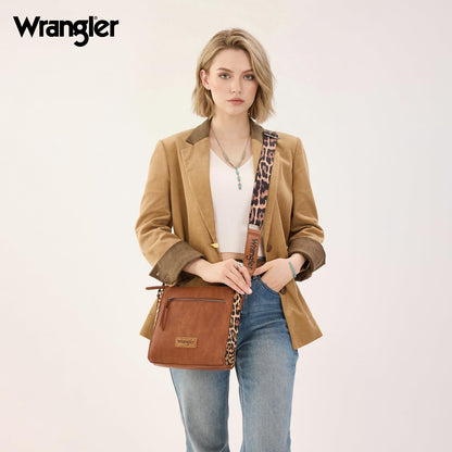 Wrangler Crossbody Bag for Women Western Leopard Crossbody Purse Meidum Shoulder Handbag Mom Purse with Wide Strap for Everyday Travel, WG-HB-205-9360-2-DBR
