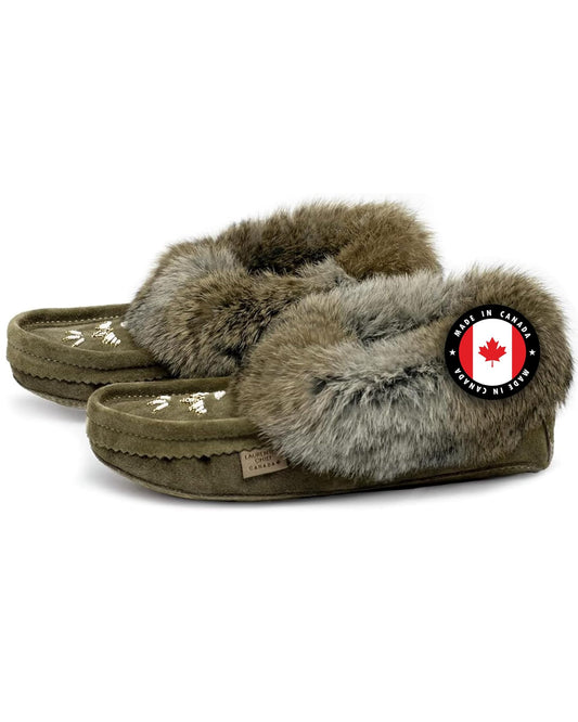 Laurentian Chief Moccasin Slippers for Woman - Orlon Beaded Slippers with Fur Trim and Padded Sole, Canada Quality Womens, Comfortable Stylish Indoor Moccasins for Women