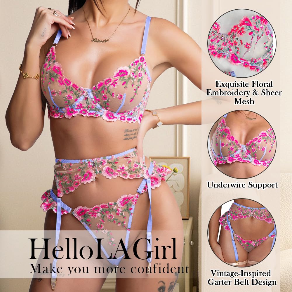 Lingerie Set Floral Embroidery with Garter Belt Pink