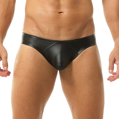 QiaTi Men's Faux Leather Briefs Black Underwear Rave Thong Swimsuit for Men