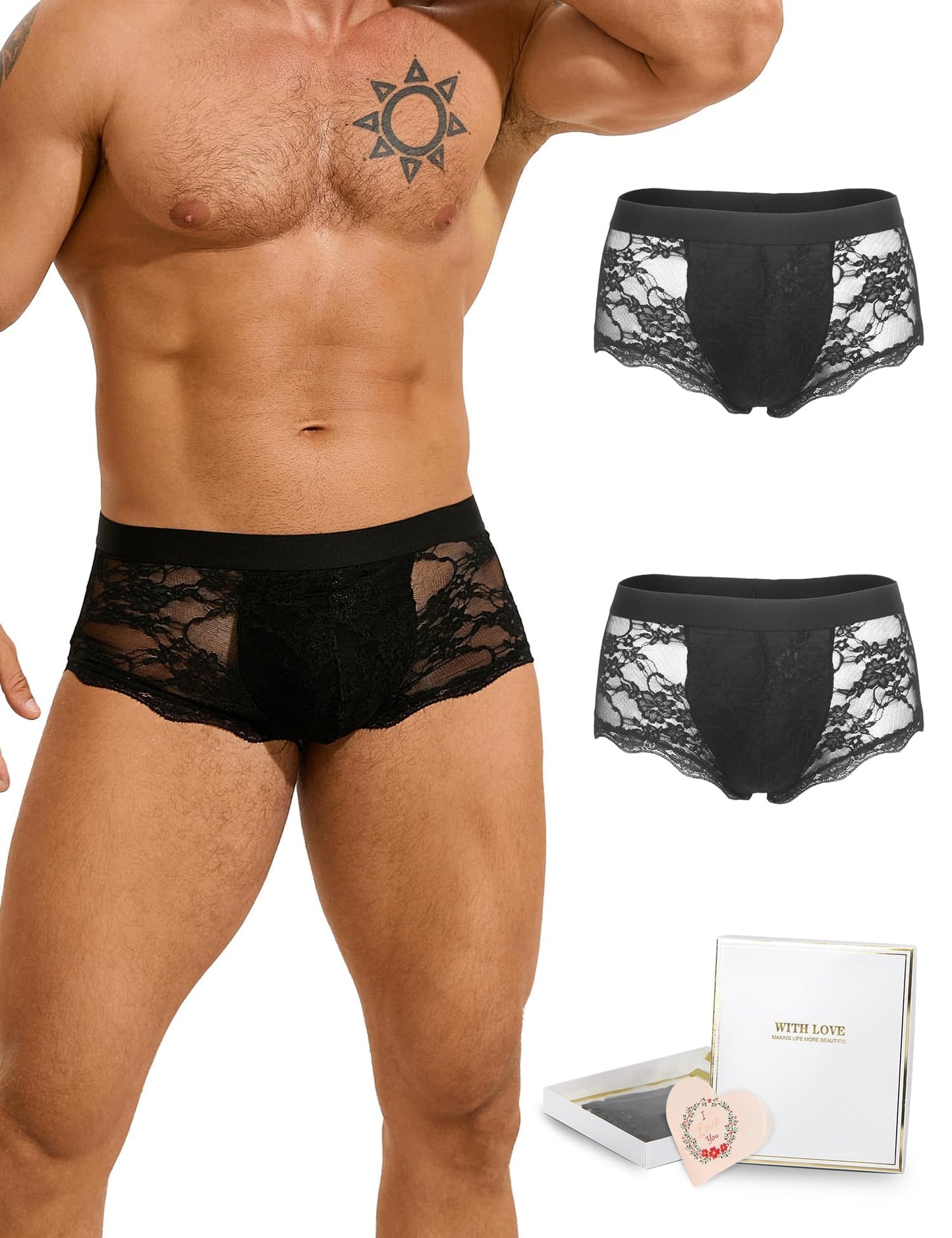 Men's Sexy Low-Rise Boxer Briefs - 2-Pack Black Lace Mesh Underwear with Bulge Pouch, Comfort Stretch Waistband Fits S