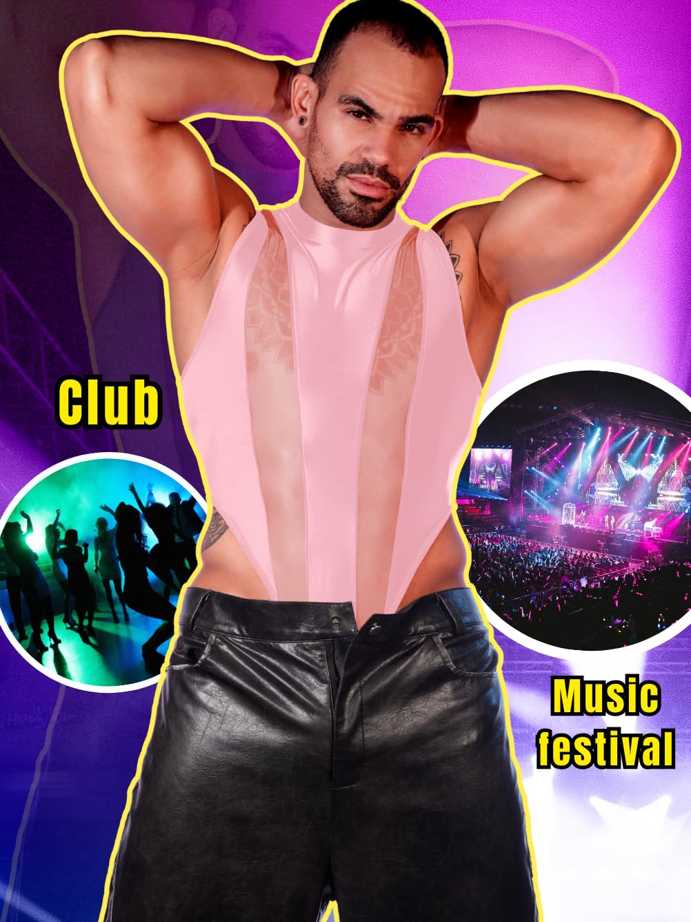Mens Sexy Lingerie, Hook Crotch Thong High Cut Bodysuit Top Rave Outfit, Glossy Mock Neck Sheer Singlet Muscle Suit Pink Leather X-Small-Small