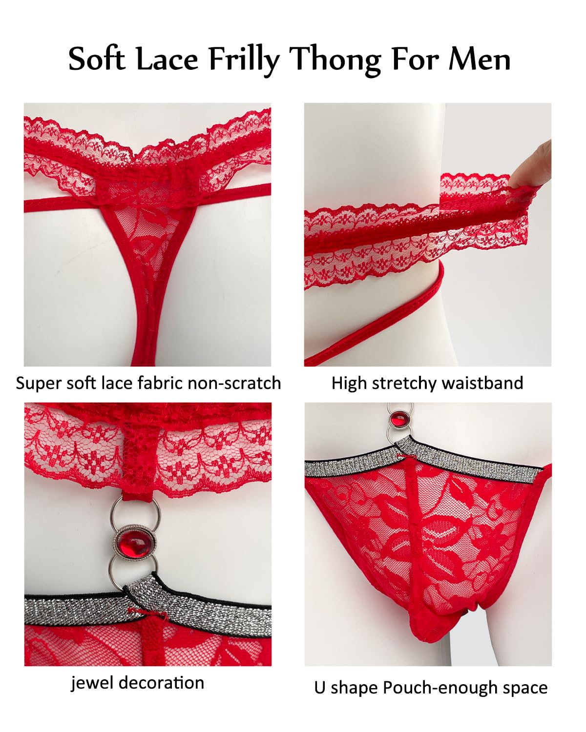 Mens Lace Frilly Sissy Panties Pouch Thong, Feminine G string Underwear For Men Sexy Lingerie (US, Alpha, One Size, Regular, Regular, Red)