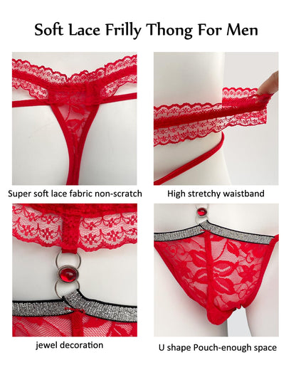 Mens Lace Frilly Sissy Panties Pouch Thong, Feminine G string Underwear For Men Sexy Lingerie (US, Alpha, One Size, Regular, Regular, Red)