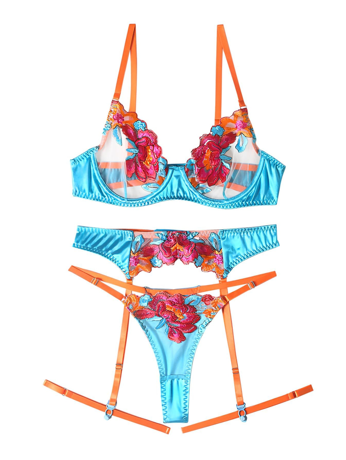 Sexy Lingerie Set 3 Piece Women Outfit Bra and Panty Flower Blue M