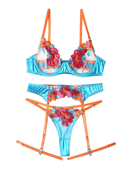 Sexy Lingerie Set 3 Piece Women Outfit Bra and Panty Flower Blue M