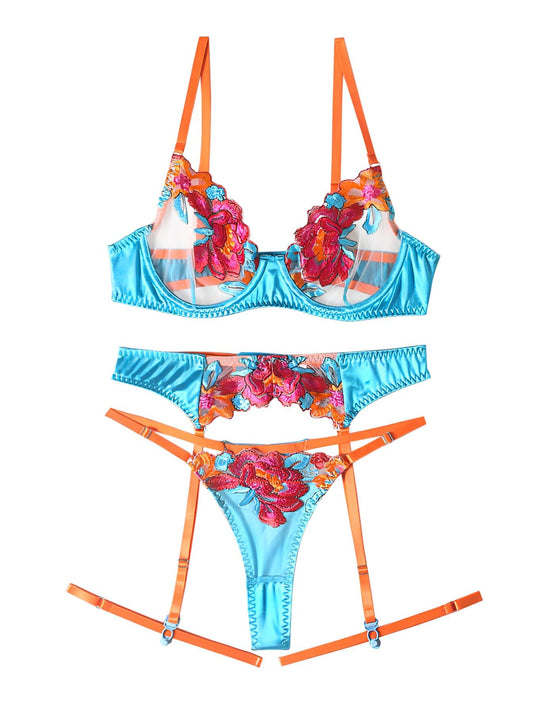Sexy Lingerie Set 3 Piece Women Outfit Bra and Panty Flower Blue M