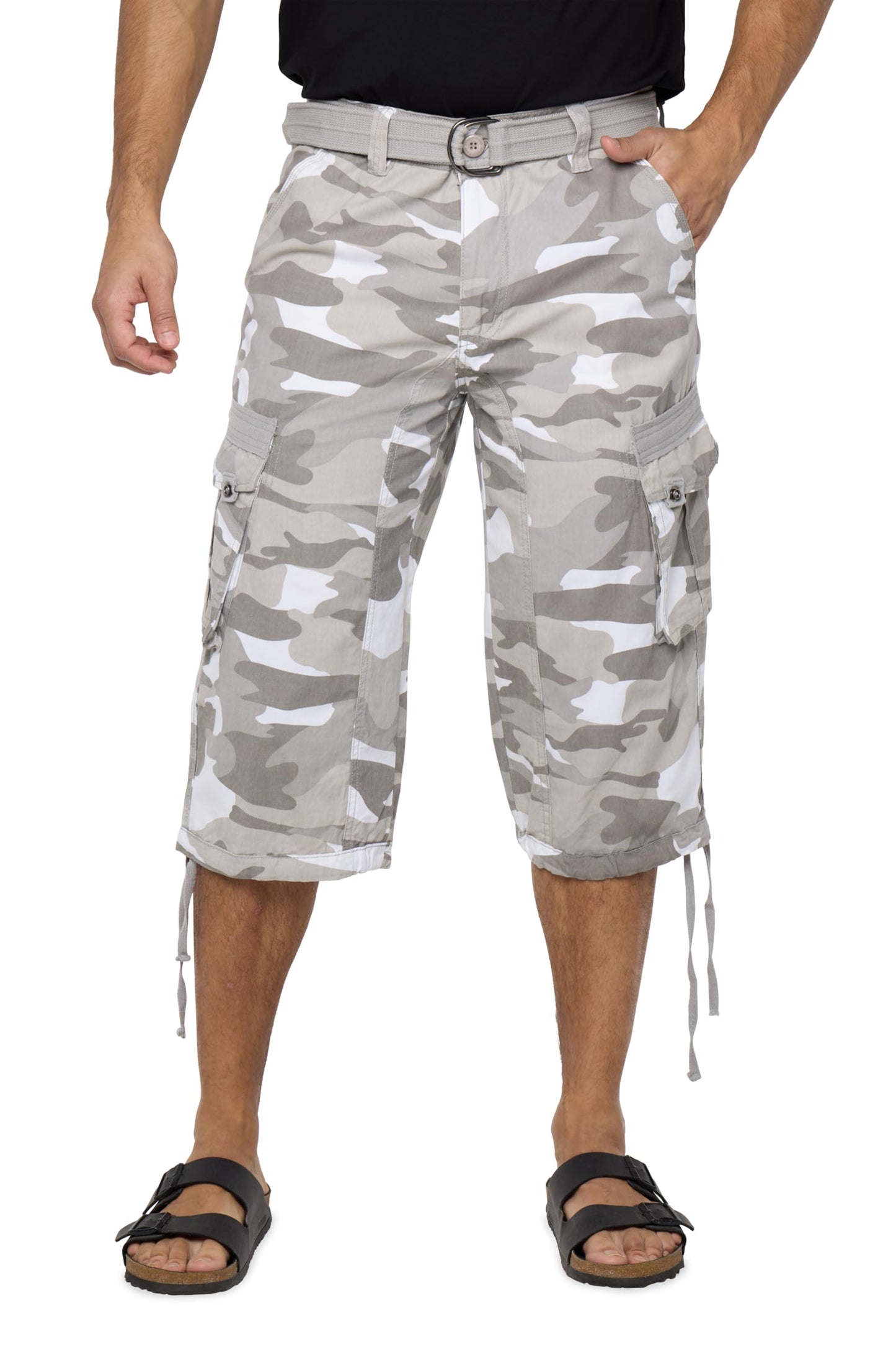 X RAY Men's Belted Long Cargo Shorts for Men, Below Knee Length Mens Cargo Shorts, 3/4 Pants (Big and Tall Shorts for Men) White CAMO 38