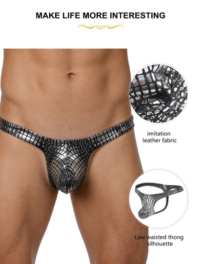 Mens G-String Thong Underwear Snake Print Briefs Low Rise Sexy Hot Shorts for Mens Lingerie Soft T-Back Thong Silver L