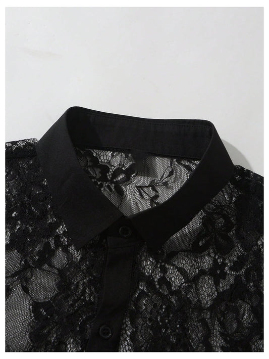 SHENHE Men's Floral Lace Shirt Sheer Button Down Short Sleeve Party Festival Date Night Top Black X-Large