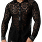 JOGAL Men's See Through Flower Lace Sheer Blouse Long Sleeve Button Down Shirts Dark Black Large