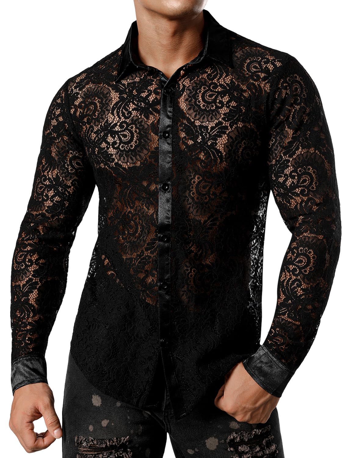 JOGAL Men's See Through Flower Lace Sheer Blouse Long Sleeve Button Down Shirts Dark Black Large