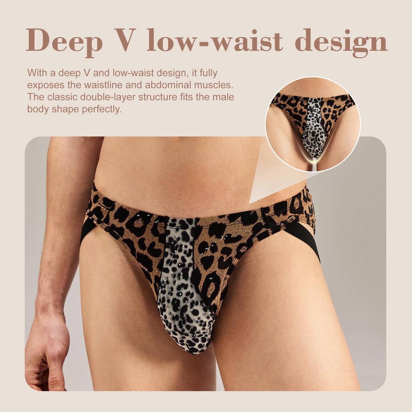 BSZN Men's Rhinestone Leopard Jockstrap, Classic Brown