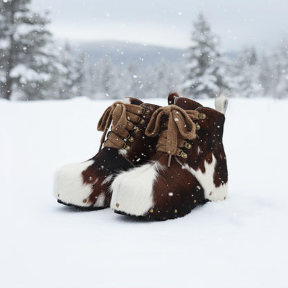 XOBZJH Women’s 100% Natural Cowhide Ankle Booties with Wool Lining, Calf Hair Winter Platform Boots, Non-Slip Outdoor Short Boots for Everyday Comfort