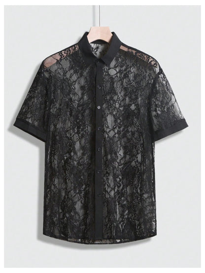 SHENHE Men's Floral Lace Shirt Sheer Button Down Short Sleeve Party Festival Date Night Top Black X-Large