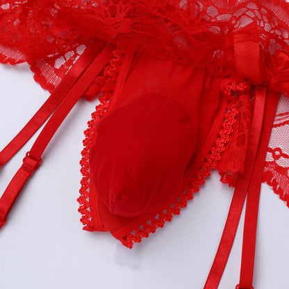 ABAFIP Men Lingerie Frilly Skirted Sissy Thongs Panties Low Waist G-string Garter Belt Crossdressing Underpants Lace Underwear Red One Size