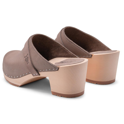 Sandgrens Handmade Swedish Wood Clogs for Women, High Heel Mule US 6 | Dublin Stone Nubuck LT, EU 37