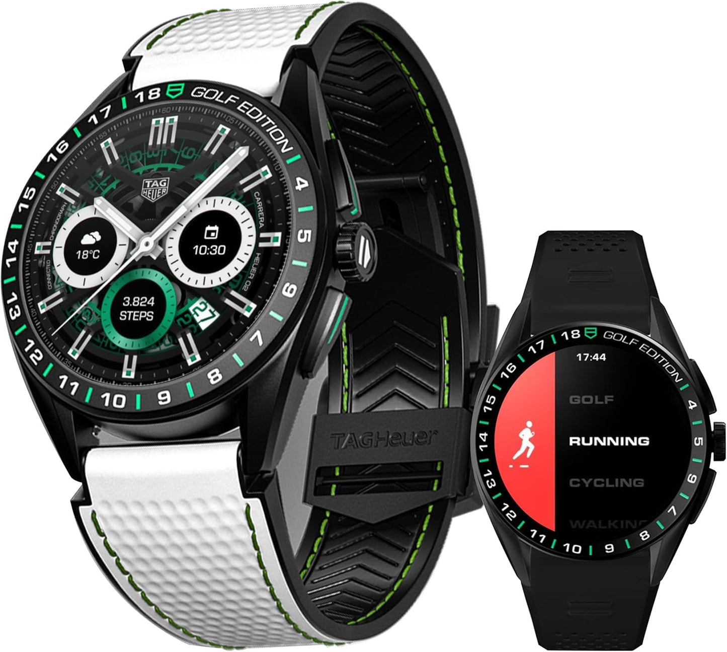 TAG Heuer Smart Watch, Fitness Watch, Connected Calibre E4 45 mm Golf Edition, Touch Screen, Waterproof, Calls, SMS, Steps, Heart Rate, Wellness, Titanium, White Or Black/Green Straps, SBR8A81.EB0251