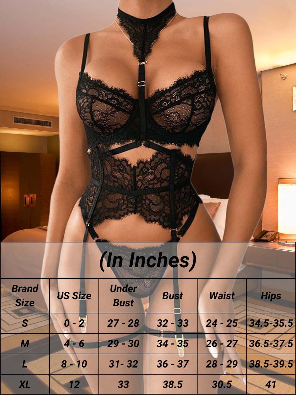 Garter Lingerie Set For Women, Sexy Floral Lace, Strappy High Waisted Hide Belly, 4 Piece With Exotic Choker Belt,Black,Small