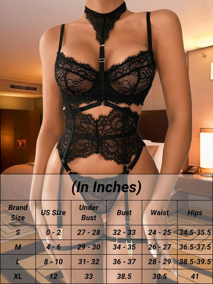 Garter Lingerie Set For Women, Sexy Floral Lace, Strappy High Waisted Hide Belly, 4 Piece With Exotic Choker Belt,Black,Small