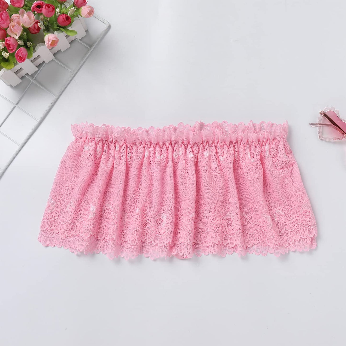 ABAFIP Men's Lace Lingerie Crossdressing Sissy Skirted Panties Low Waist Mesh Sheer G-string Thong Bikini Briefs Underwear Pink Large