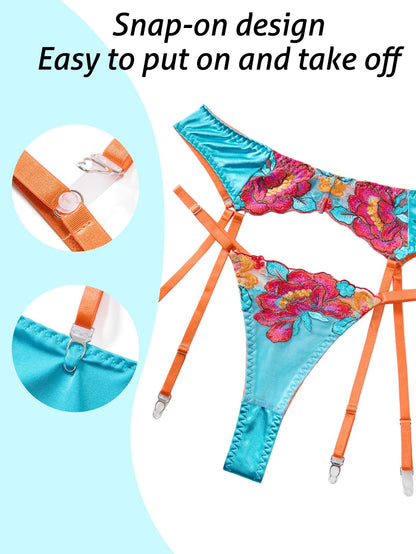 Sexy Lingerie Set 3 Piece Women Outfit Bra and Panty Flower Blue M