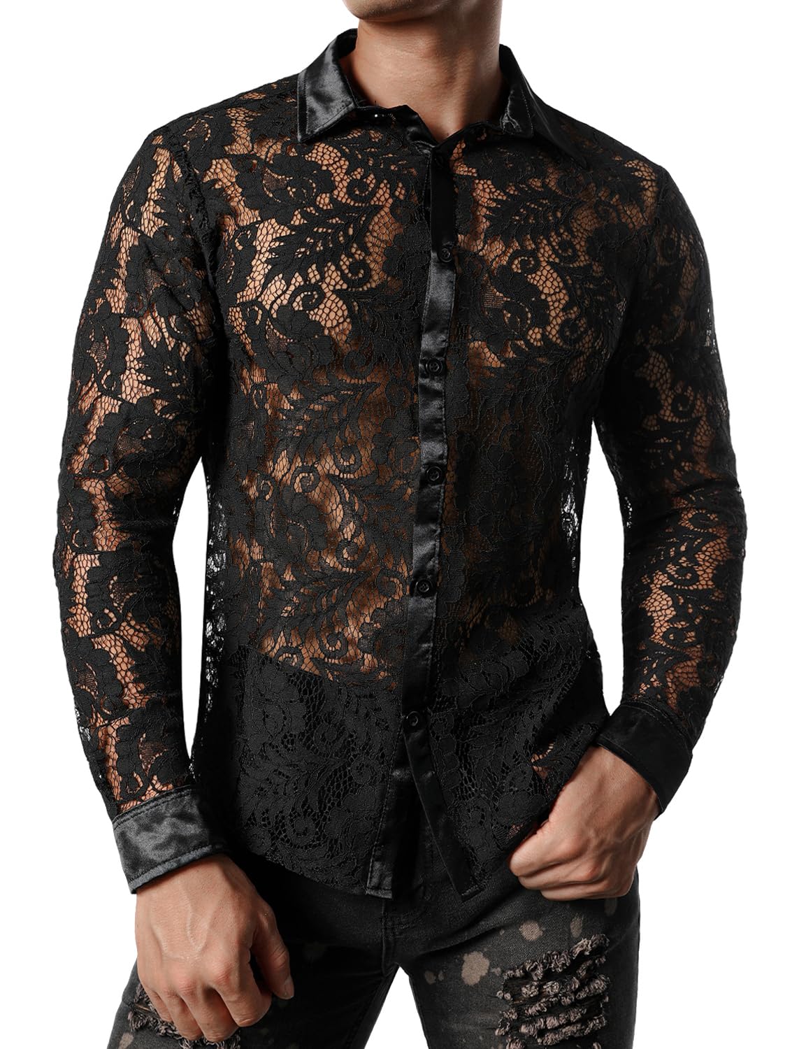 JOGAL Men's See Through Flower Lace Sheer Blouse Long Sleeve Button Down Shirts Black Large