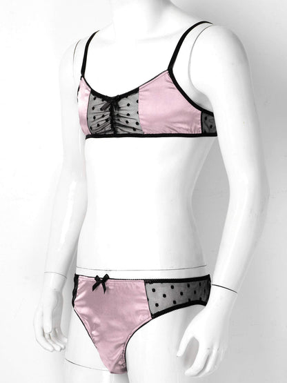 Men's 2Piece Sissy Shiny Satin Cross Dresser Lingerie Set Bra Tops with Girly Panties Pink