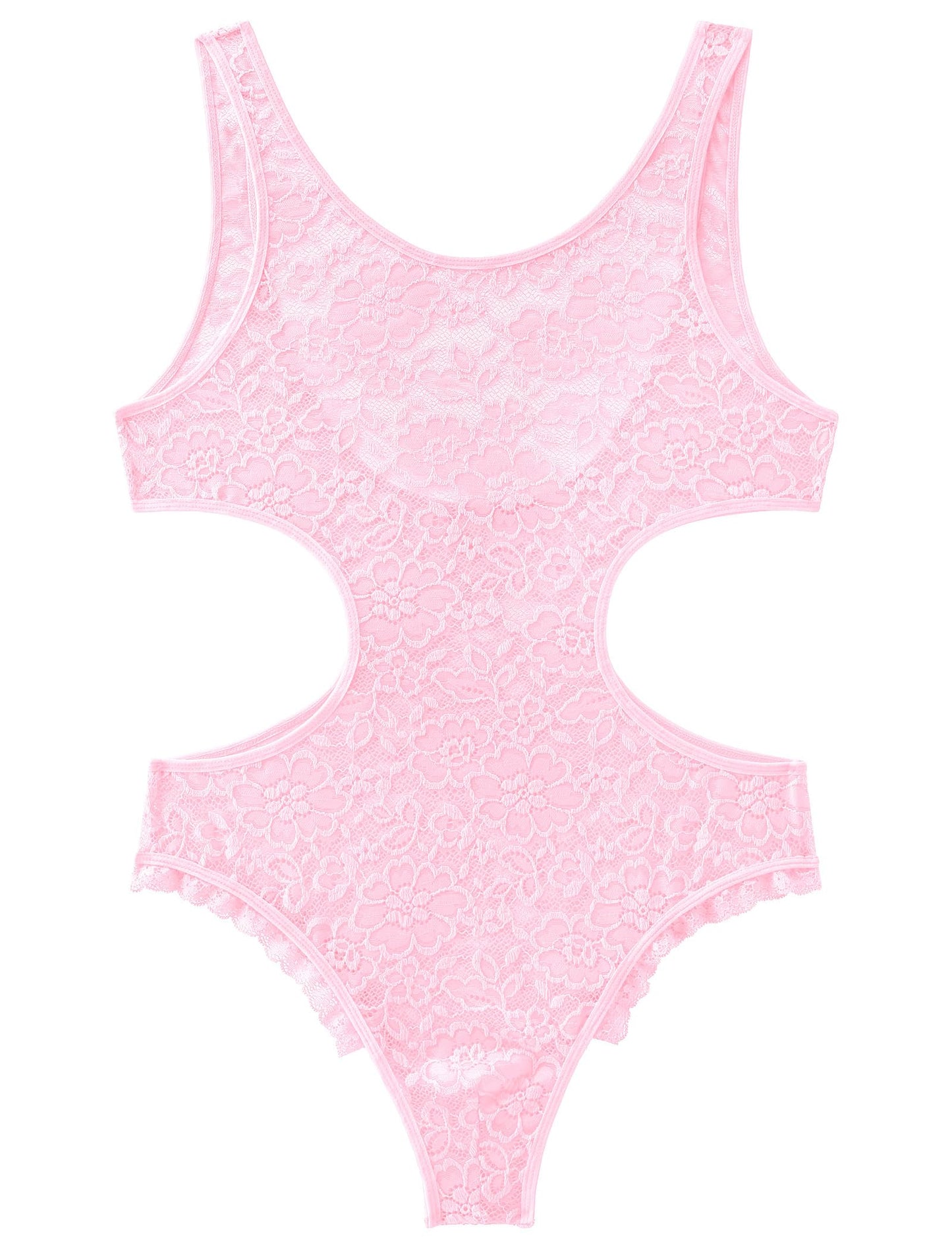 Men's Sissy Lace Bodysuit -l Sheer  Crossdress Lingerie Pink