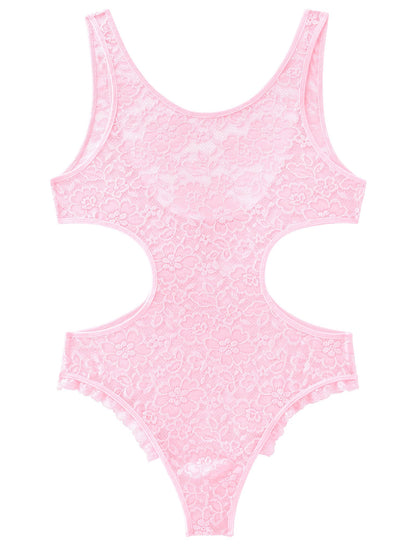 Men's Sissy Lace Bodysuit Floral Sheer See Through Sleeveless Cutout Leotard Crossdress Lingerie Pink XX-Large